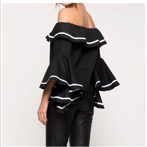 Women off shoulder sleeve ruffled top blouse - Picture 3 of 8